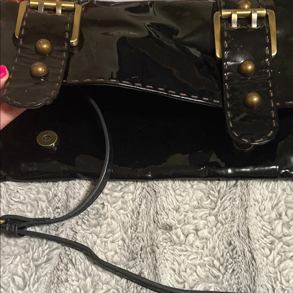 Glossy Black Crossbody Bag with Buckle Accents - Picture 4 of 5